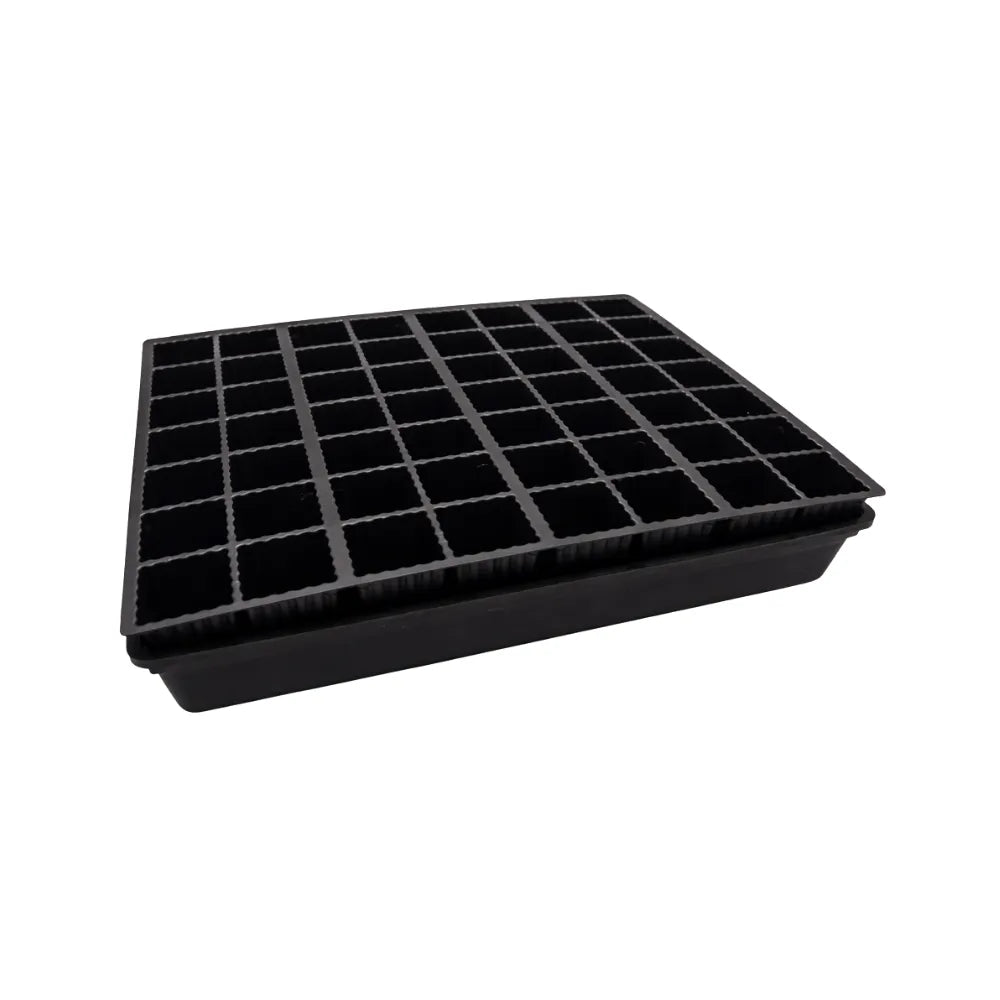 Black plastic seedling tray insert with multiple propagation cells for growing vegetable and flower seedlings