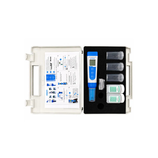 APERA EC60 pocket tester kit with EC meter, calibration solutions and carry case for hydroponic nutrient and water testing.