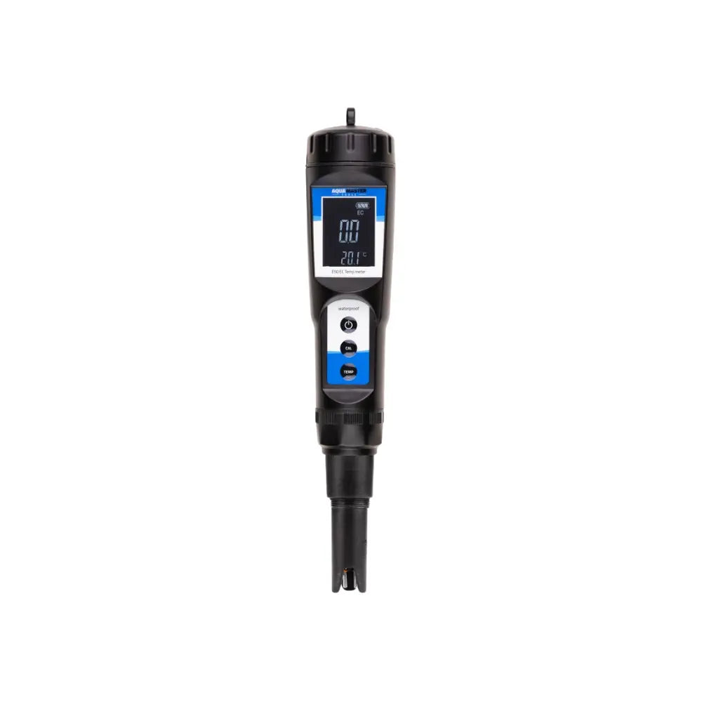 Aqua Master Tools E50 Pro2 EC temp meter with attached conductivity probe, digital screen and control buttons