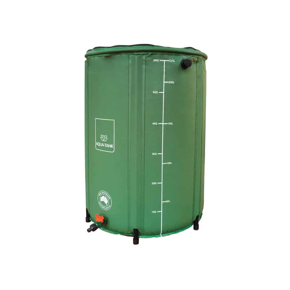 225L collapsible hydroponic reservoir with drainage valve and measurement markings, durable green rainwater collection tank