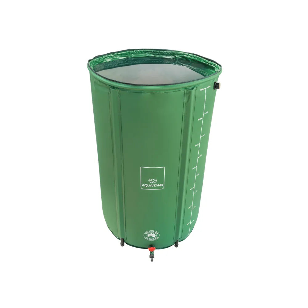 Open-top 400L hydroponic reservoir tank with sturdy frame, green collapsible water container with tap and volume scale