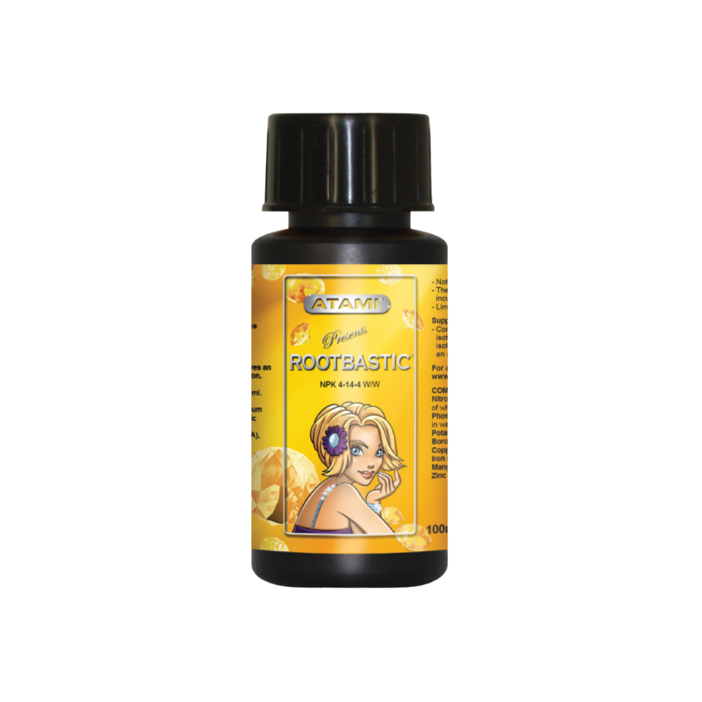 Atami Rootbastic 100ml root stimulator, concentrated liquid fertiliser for strong root growth in hydroponics and soil plants.