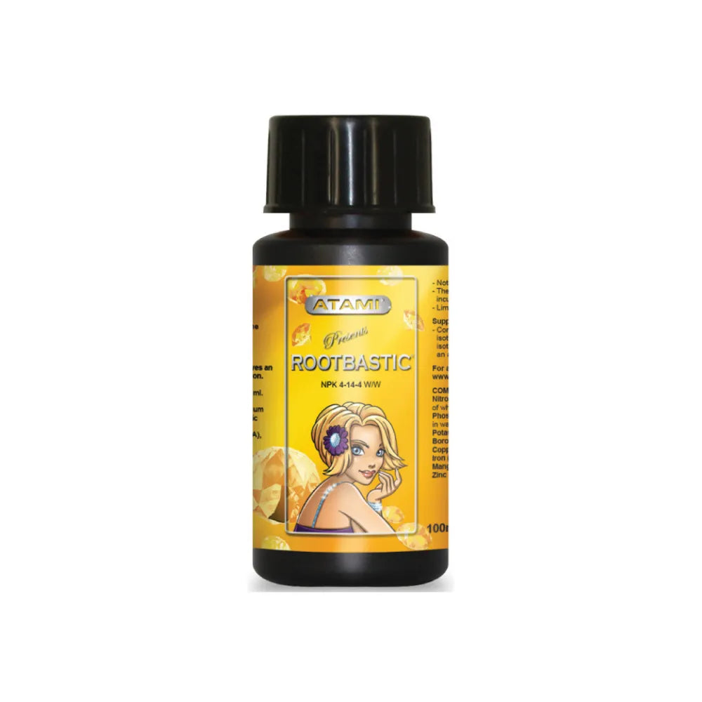 Atami Rootbastic 100ml root stimulator, concentrated liquid fertiliser for strong root growth in hydroponics and soil plants.