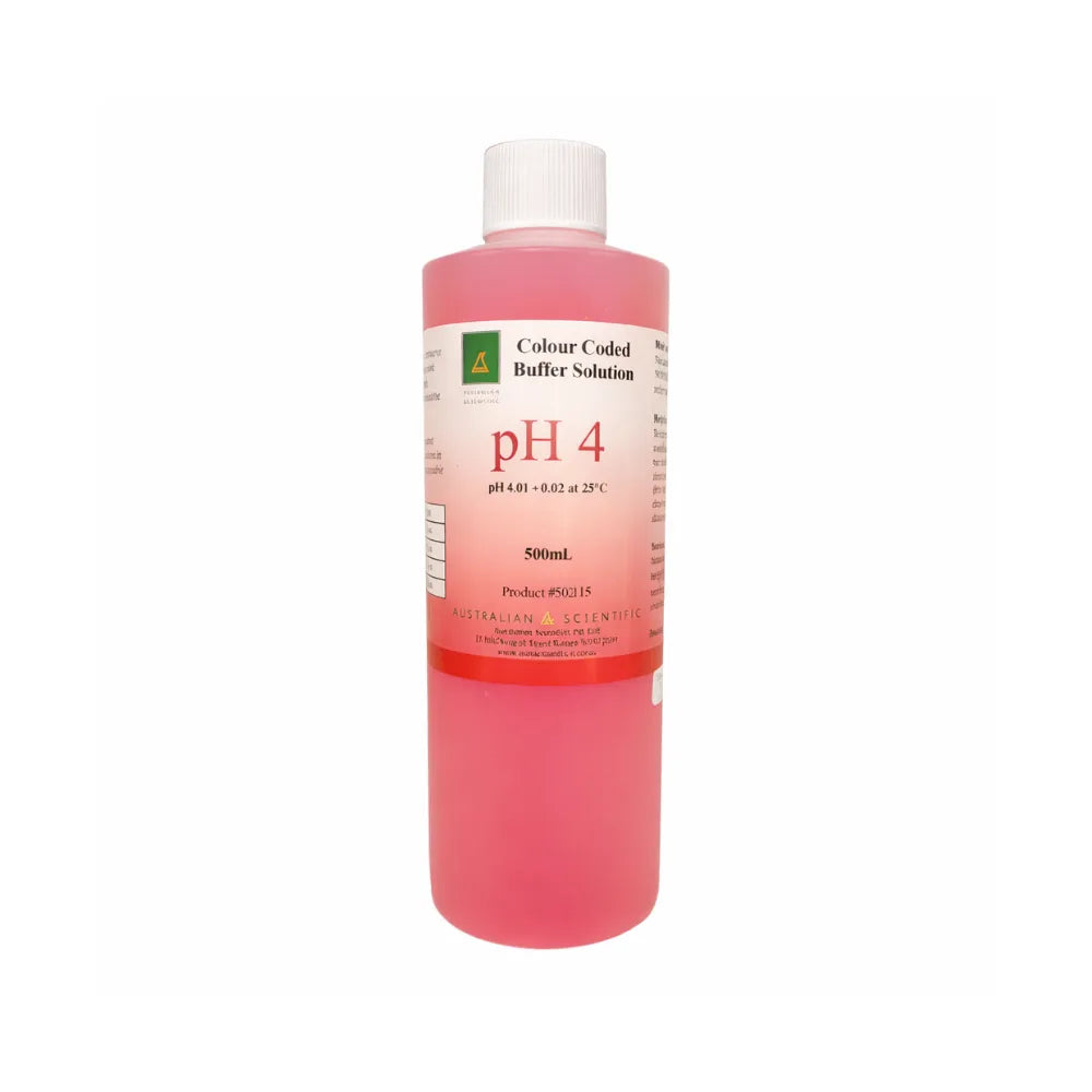 Australian Scientific pH 4.0 calibration buffer solution 500mL bottle, colour-coded pink lab solution for pH meter testing and calibration