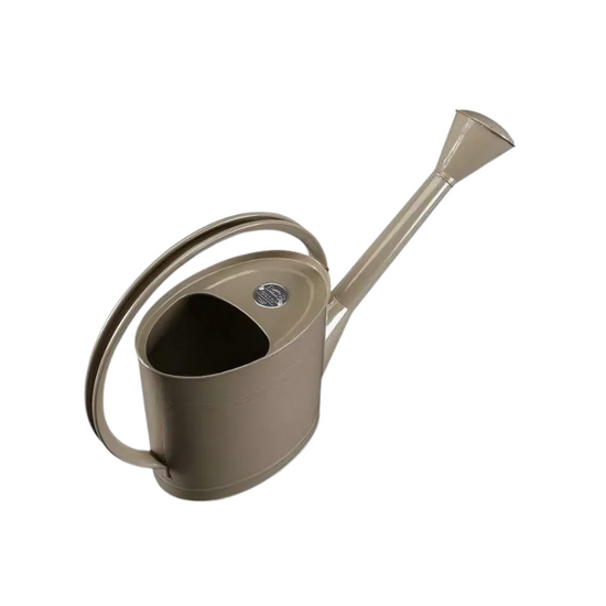 Top view of a 5L Truffle-coloured metal watering can showing the open fill hole, central handle, and Burgon & Ball metal seal on the lid.