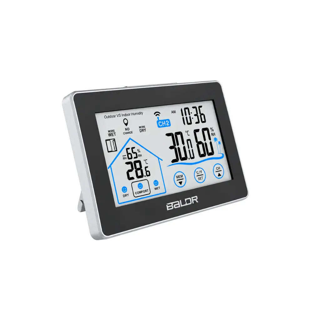 BALDR B0317 wireless hygrometer thermometer display, angled view, for grow tent temperature and humidity control