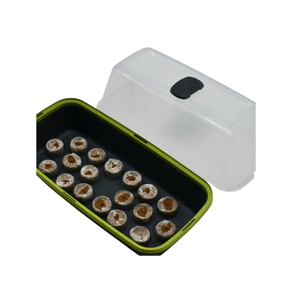 BoQube Medium Propagator base holding 18 coir jiffy pellets for seed germination, clear humidity dome beside it