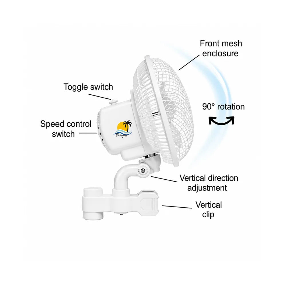 Side view of BREEZIN™ oscillating Verti-Clip fan with adjustable speed control, 90-degree rotation and vertical clip for grow tents and indoor grow rooms.