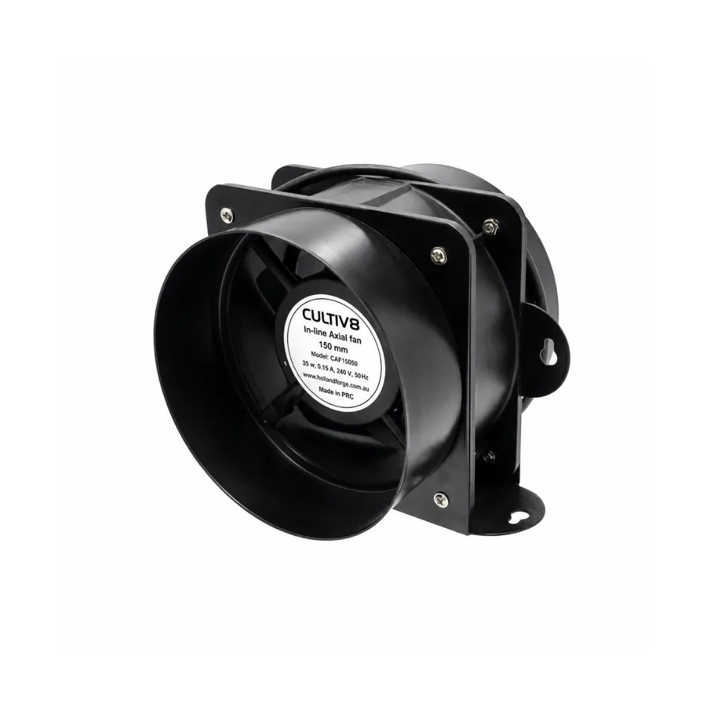 CULTIV8 150mm inline fan for hydroponic grow rooms with quiet, energy-efficient airflow and ventilation control.