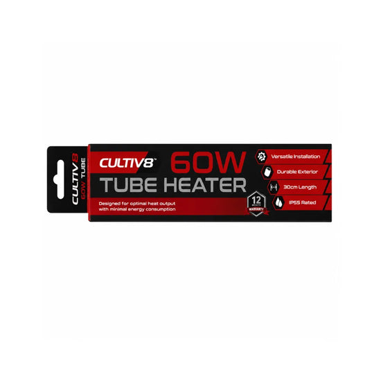 CULTIV8 60W tube heater retail box. For small grow rooms, propagation tents and hydroponic systems with compact energy-efficient climate control heating
