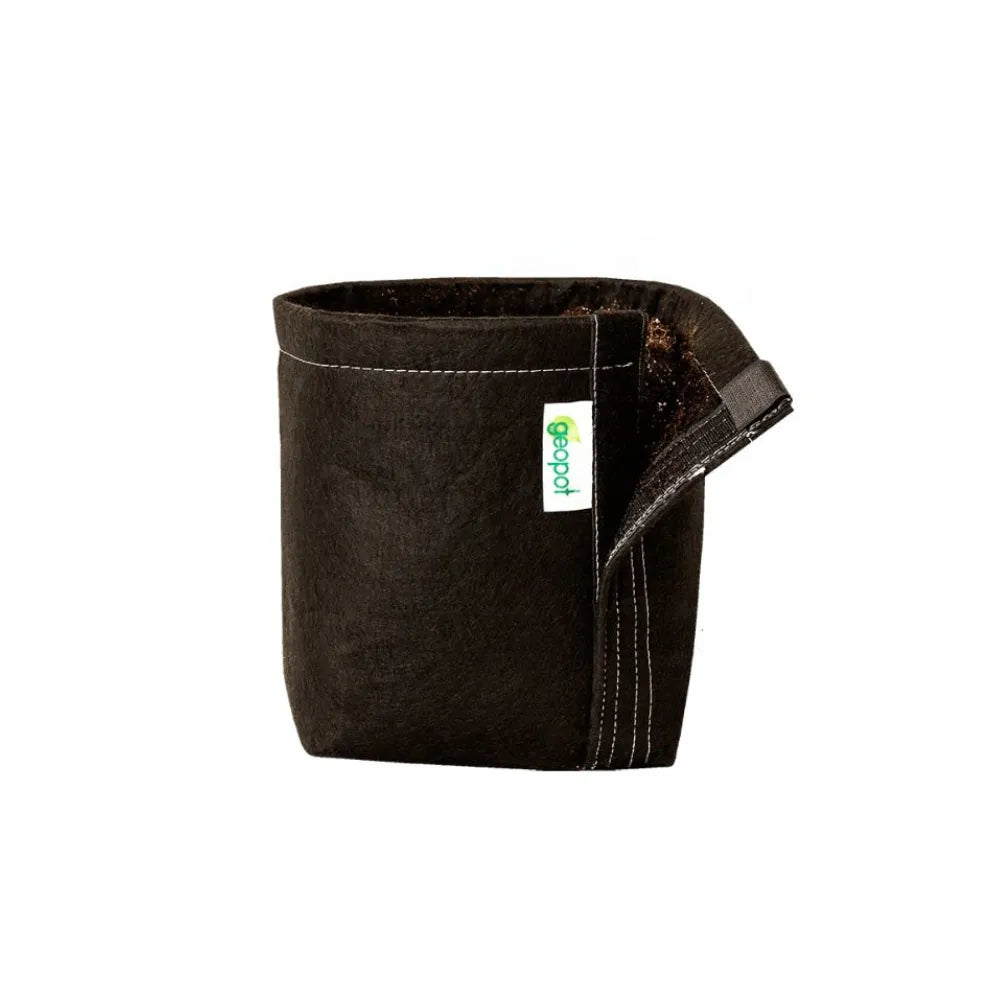 GEOPOT 8L / 2 Gallon black fabric grow pot with breathable geo-textile fabric and carry handles for air pruning roots, healthier plant growth and improved root development.