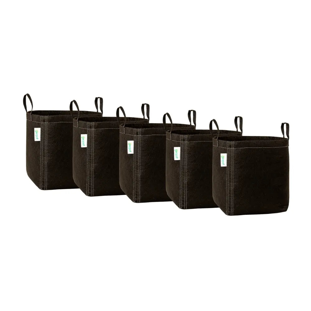 GeoPot 57L 15 gallon fabric grow pots 5 pack, five black pots with handles and white stitching for air root pruning