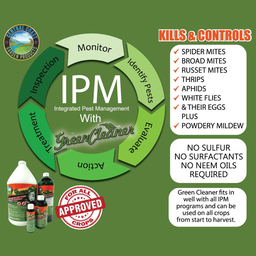 Green Cleaner pest control spray for gardens – kills spider mites, broad mites, russet mites, thrips, aphids, whiteflies, eggs and powdery mildew, safe for all crops and IPM programs.