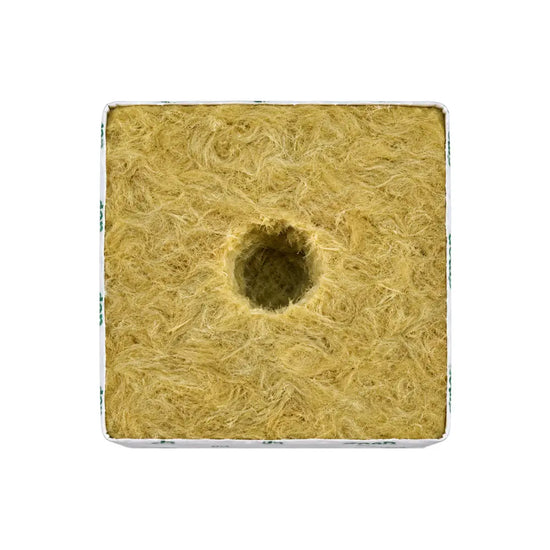 Top view of GRODAN Hugo rockwool grow block with 40mm centre planting hole and white wrap, 150mm hydroponic cube