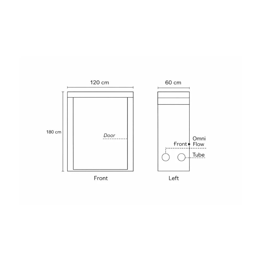 Homebox Ambient R120S grow tent front and side dimensions diagram, 120 x 60 x 180 cm compact indoor plant grow room layout