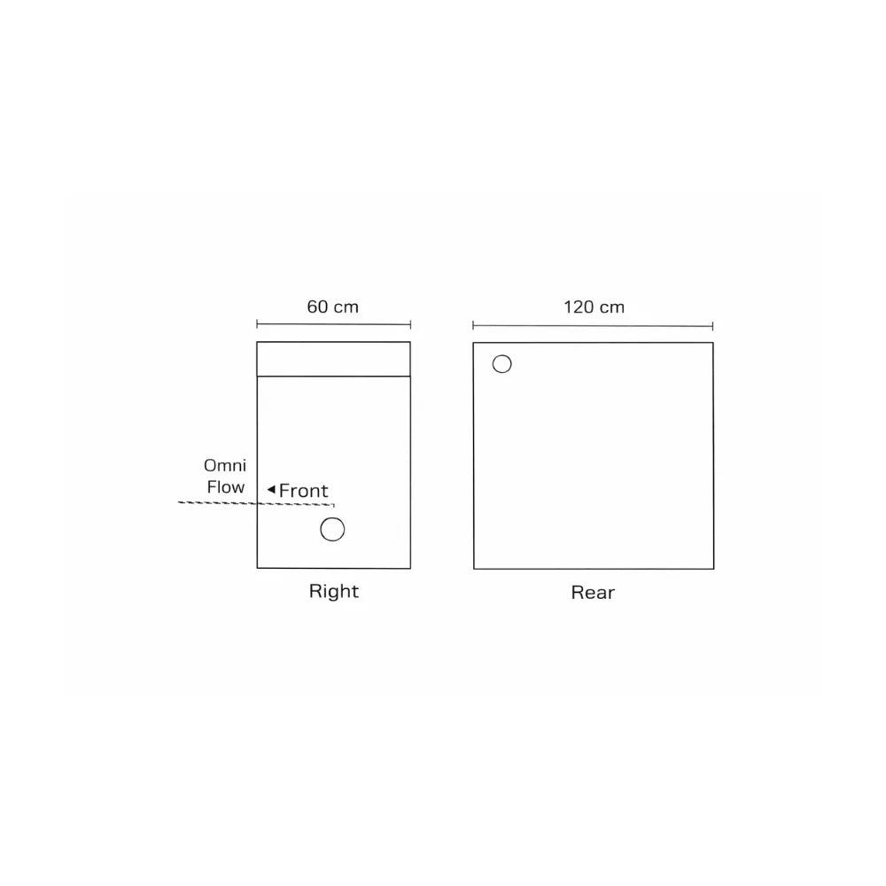 Homebox Ambient R120S grow tent side and rear panel diagrams with Omni-Flow air vents and ducting tube ports for controlled indoor cultivation