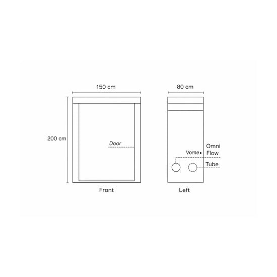 Homebox Ambient R150 grow tent front and side dimensions diagram, 150 x 80 x 200 cm indoor plant grow room layout