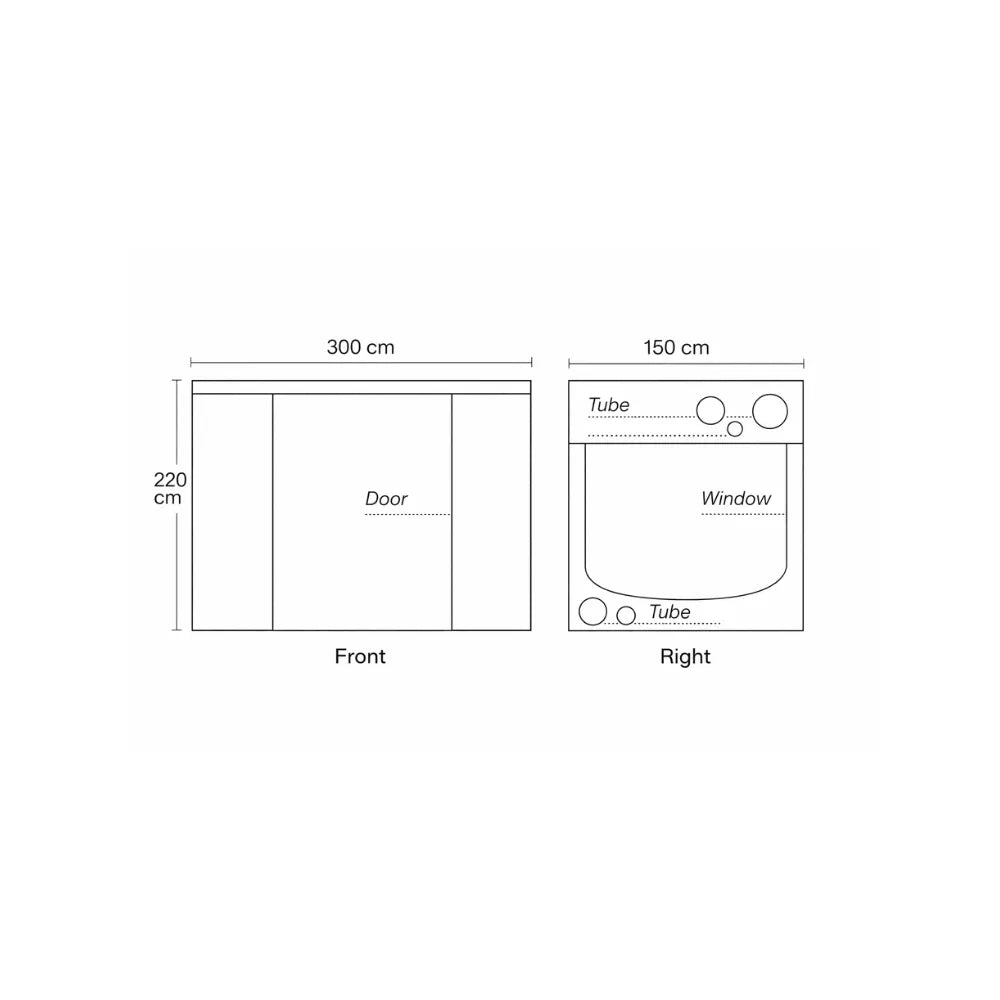 Homebox Ambient R300+ grow tent front and right dimensions diagram showing 300 cm width, 220 cm height and observation window with ventilation tubes