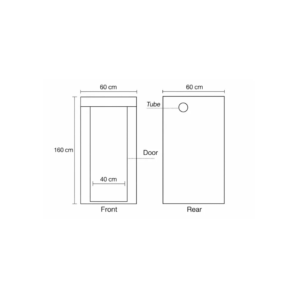 Homebox Ambient Q60+ grow tent front and rear dimensions diagram, 60 x 60 x 160 cm compact indoor plant grow tent layout