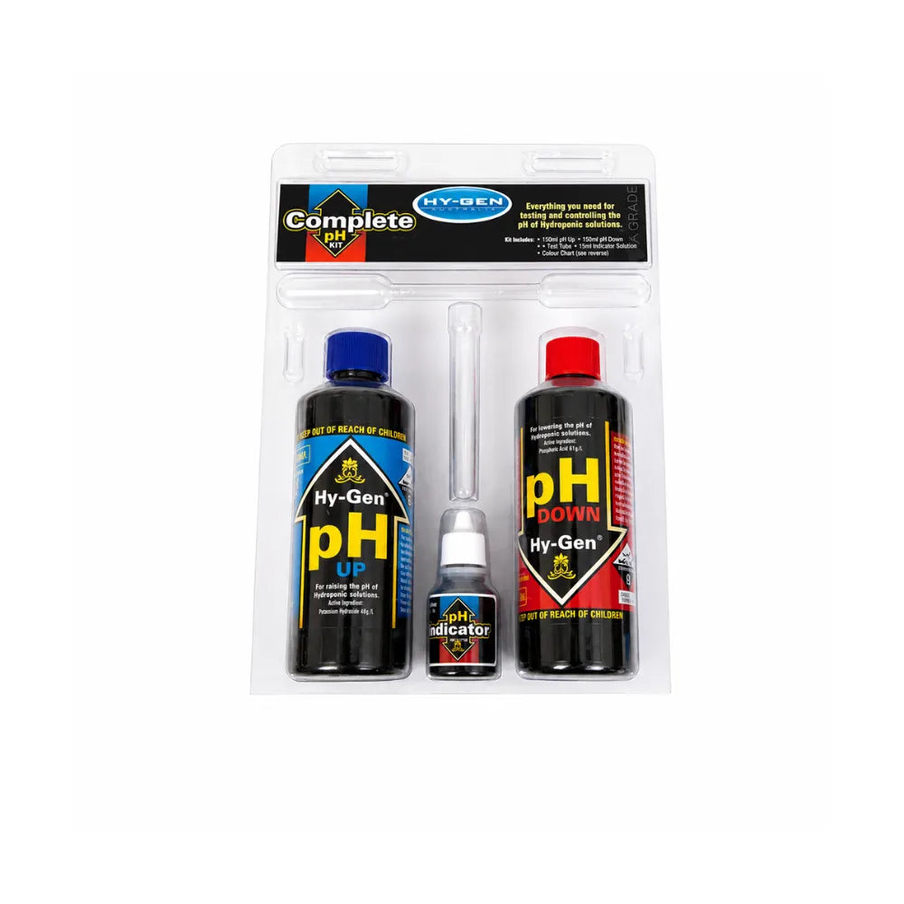 HY-GEN Complete pH control kit with pH Up and pH Down solutions, indicator liquid and test vial for accurate hydroponic nutrient pH testing