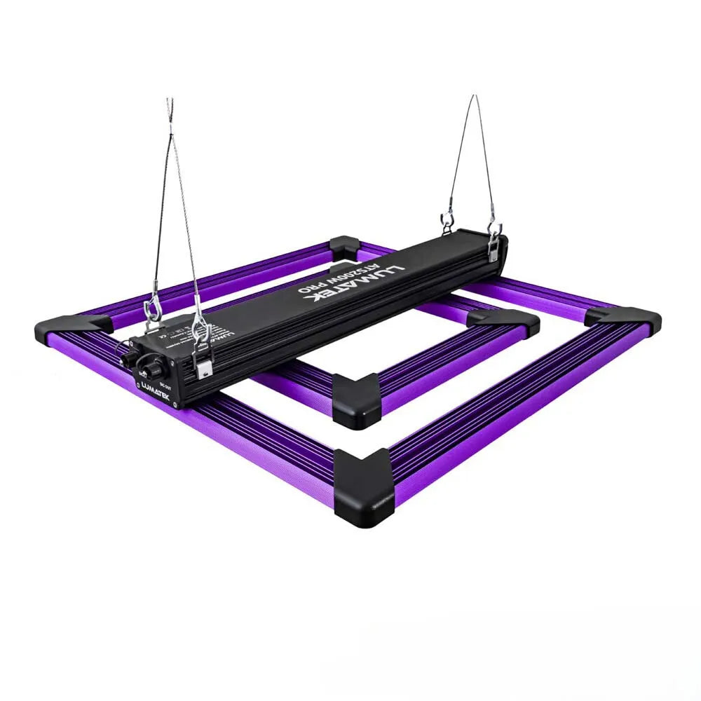 LUMATEK ATS PRO LED grow light with adjustable hanging system for full-spectrum indoor hydroponic plant cultivation.