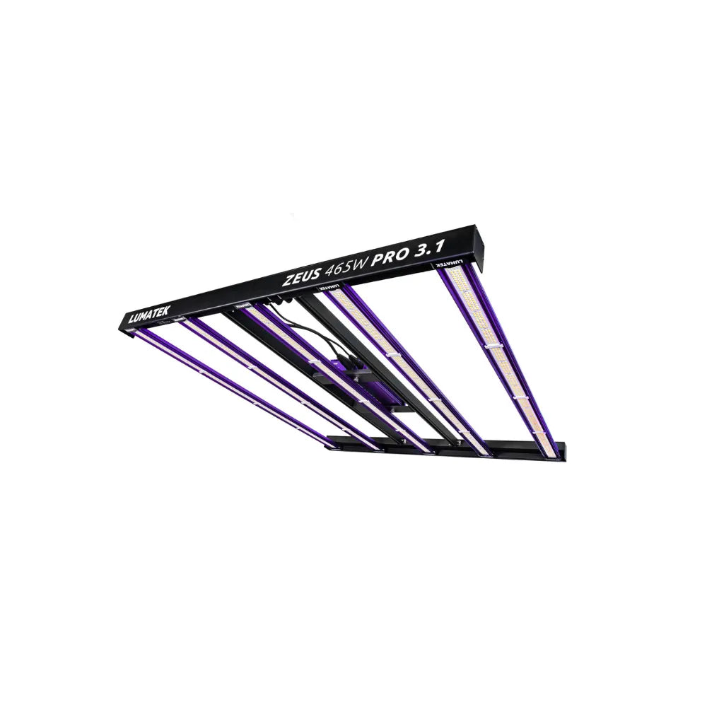 Angled underside view of Lumatek Zeus 465W Pro 3.1 LED grow light showing full spectrum LED bars