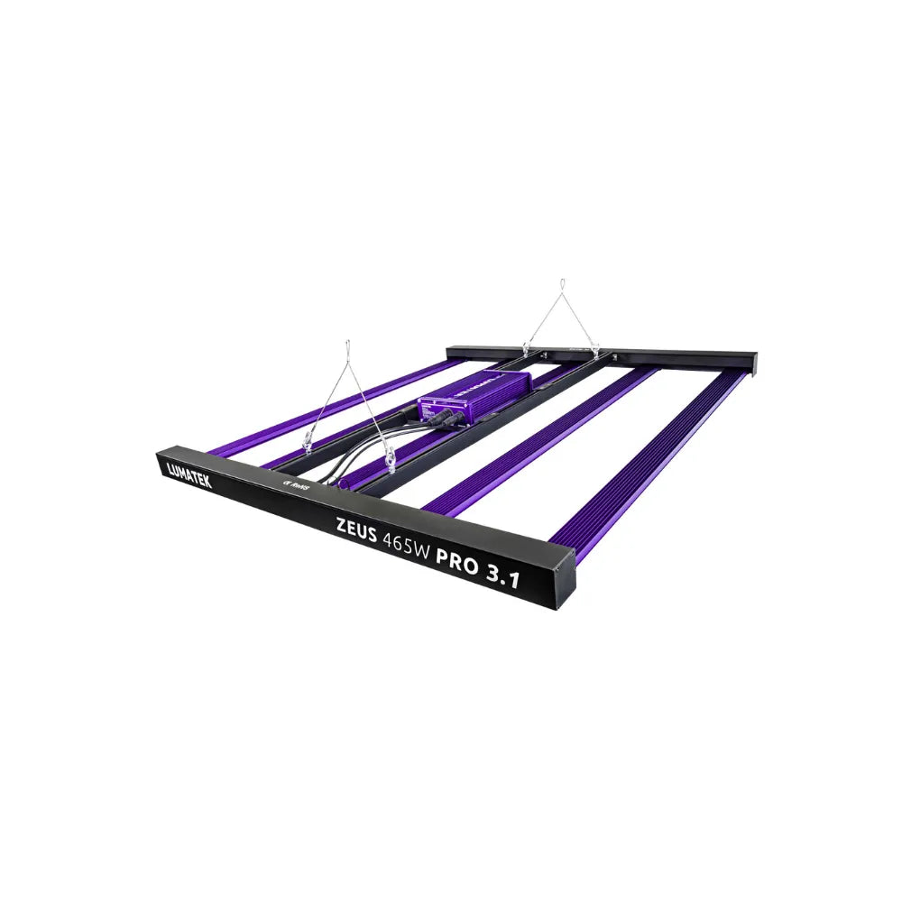 Angled top view of Lumatek Zeus 465W Pro 3.1 LED grow light with external driver and purple heat sinks.