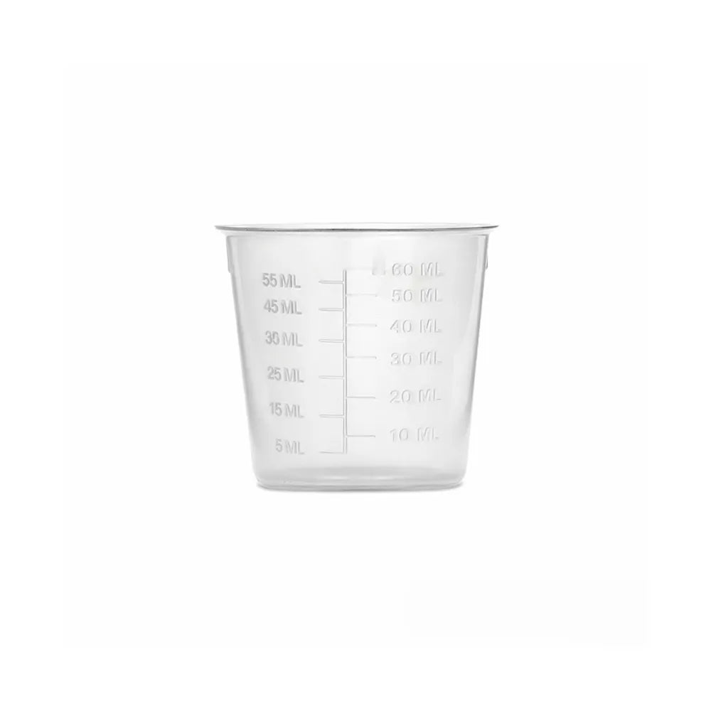 60mL plastic measuring cup for hydroponic nutrients, pH adjusters and liquid fertiliser with clear mL markings.
