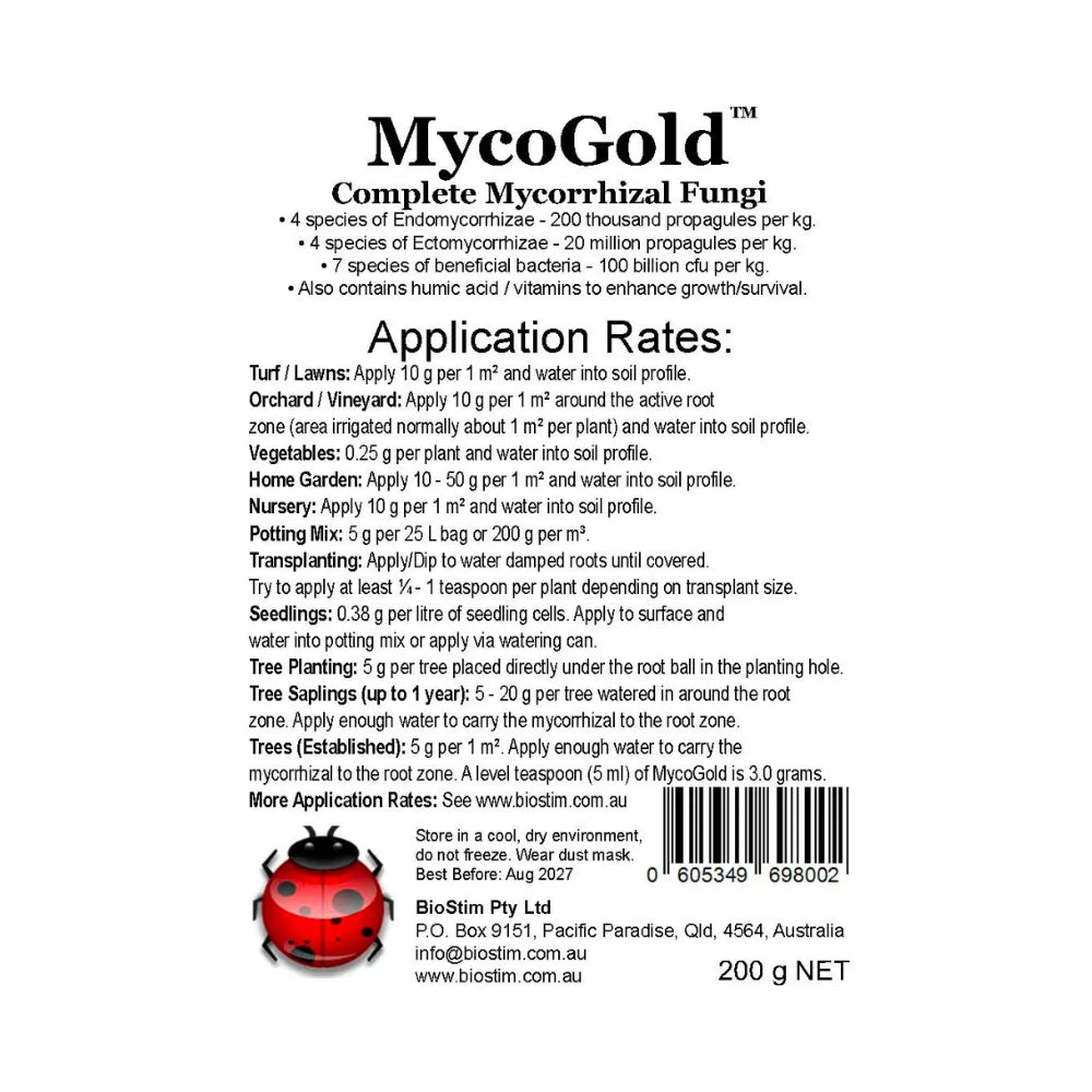 MycoGold complete mycorrhizal fungi 200g application rates label for gardens, lawns and seedlings
