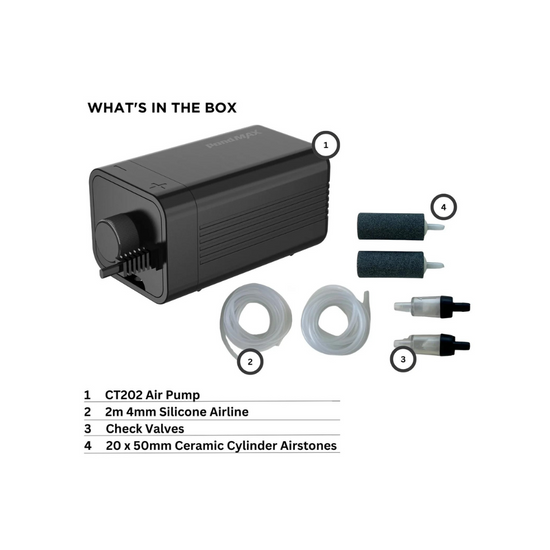 PondMAX CT202 Air Pump kit with 2m silicone airline, check valves and ceramic cylinder airstones for indoor hydroponic grow systems