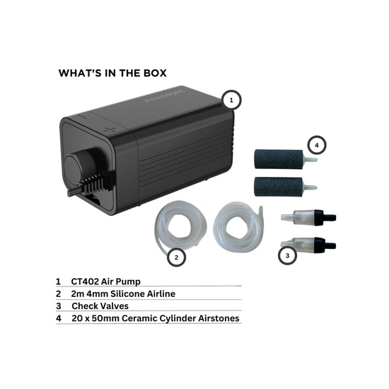 PondMAX CT402 Air Pump kit including 2m silicone airline, check valves and ceramic cylinder airstones for ponds and aquariums.