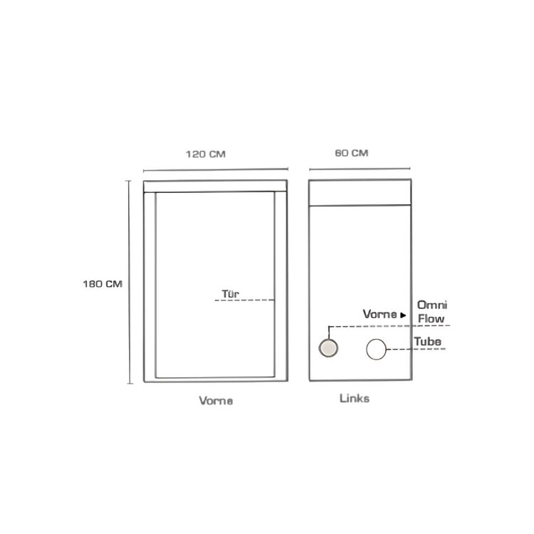 Diagram of the front and left side ventilation ports for the HOMEbox R120S Room 120 x 60 x 180cm