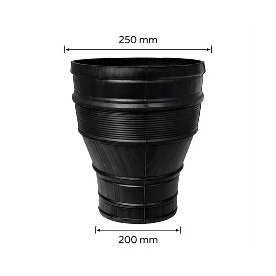 250 mm to 200 mm ventilation duct reducer for hydroponic grow rooms, black plastic adapter for inline fans, carbon filters and flexible ducting