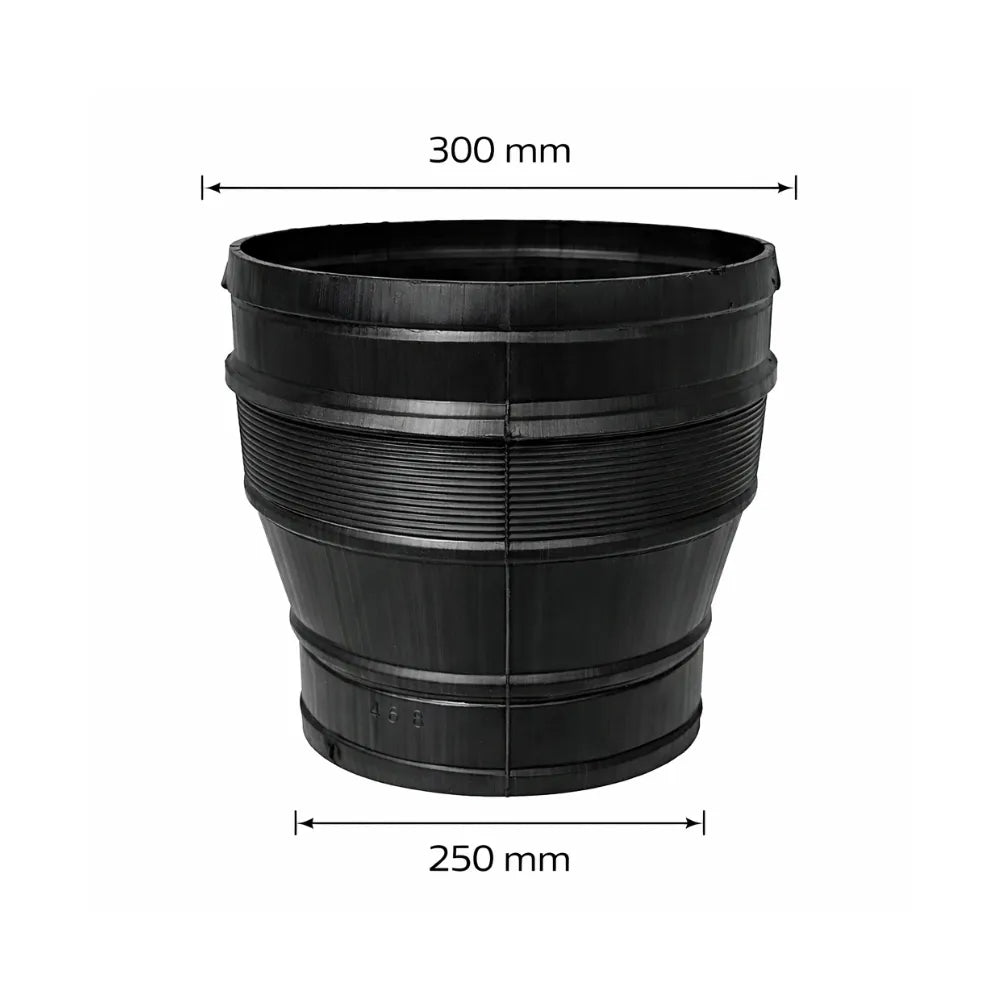 300 mm to 250 mm ventilation duct reducer for hydroponic grow rooms, black plastic adapter for inline fans, carbon filters and flexible ducting
