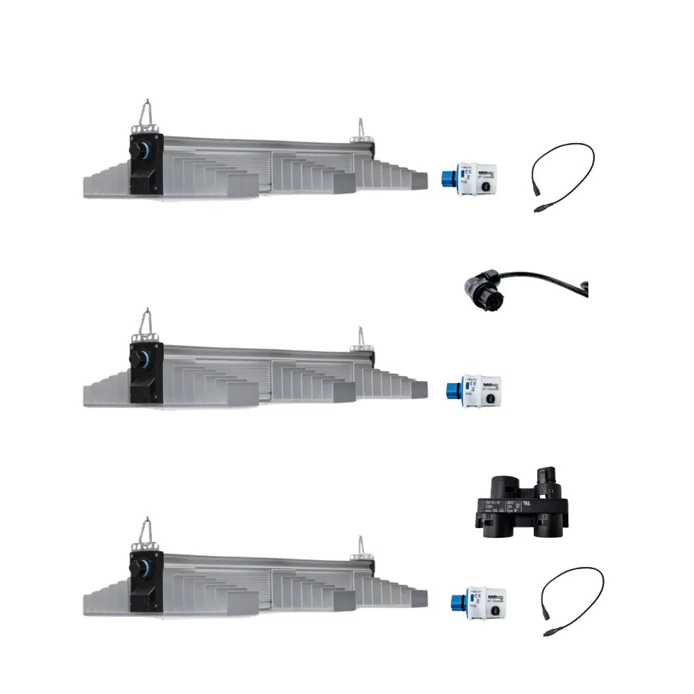 SANlight EVO 1.5 3-80 Trio LED grow light kit with three full spectrum hydroponic grow lights, dimmer control, cables and connectors for indoor plant grow tent setup