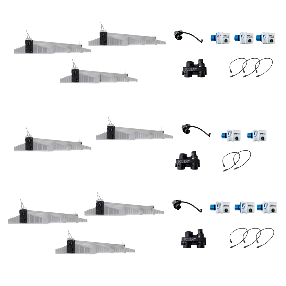 Set of eight SANlight 4-120 LED fixtures with cables, connectors and accessories, energy-efficient lighting system for hydroponics and indoor gardening.
