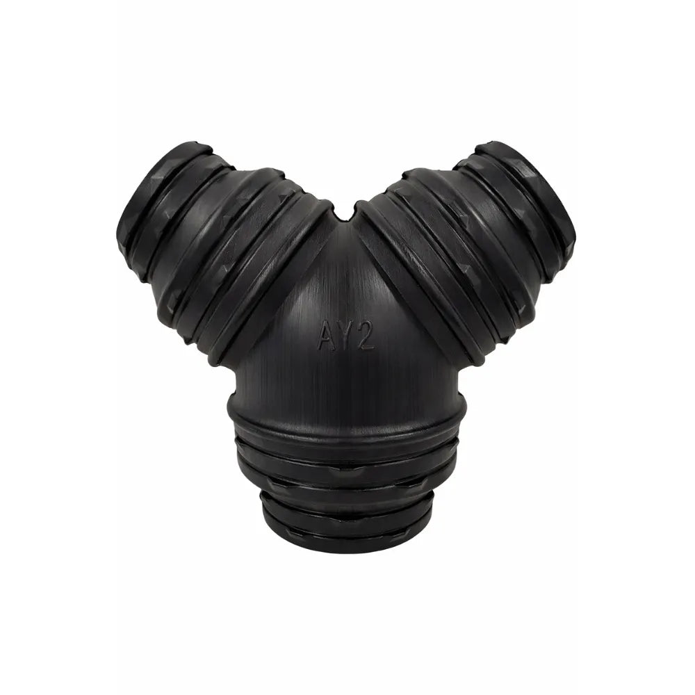 Stepped Y ventilation duct joiner for hydroponic grow rooms, 250β200 mm main outlet with dual 200β150 mm branches for inline fan and flexible ducting