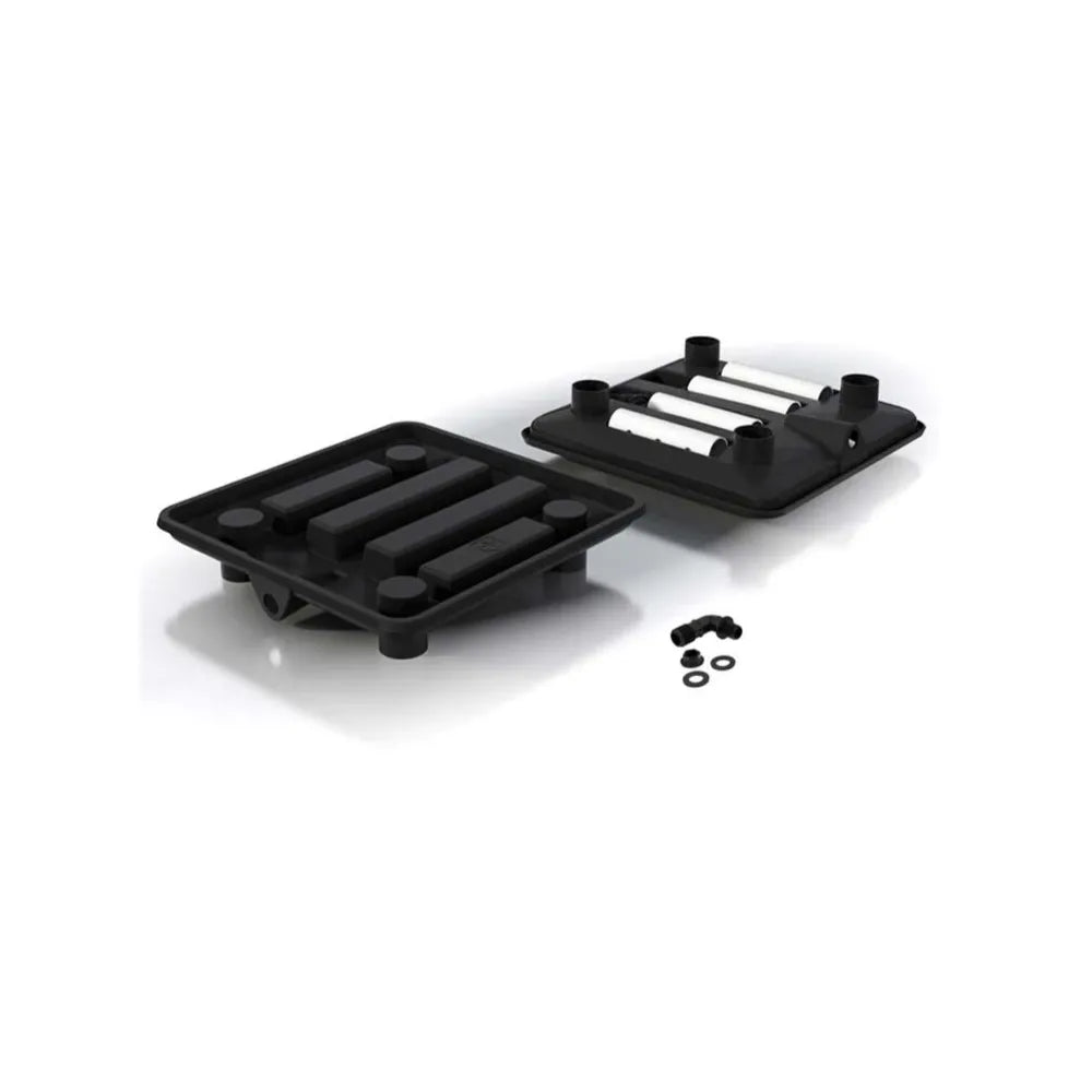 Black Ez-Pz 15.5 inch run-off tray kit with drainage outlet, durable plastic tray, PVC legs and fittings for hydroponic or gardening systems