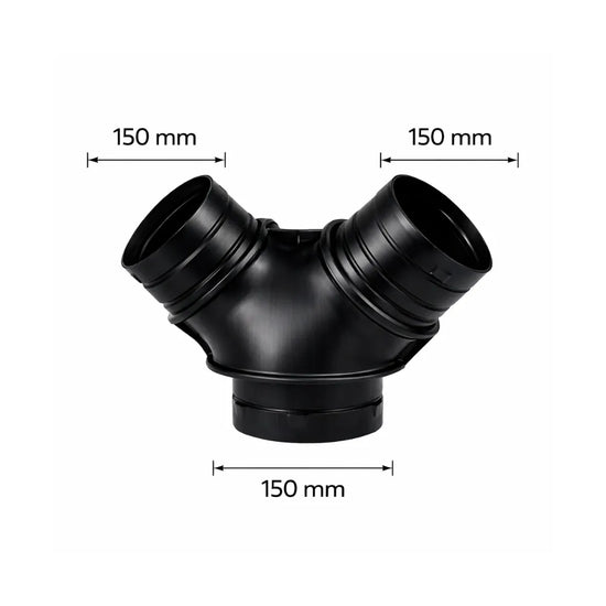 Black 150 mm Y ventilation duct connector for hydroponic grow rooms, splitter fitting for exhaust fans and flexible air ducting