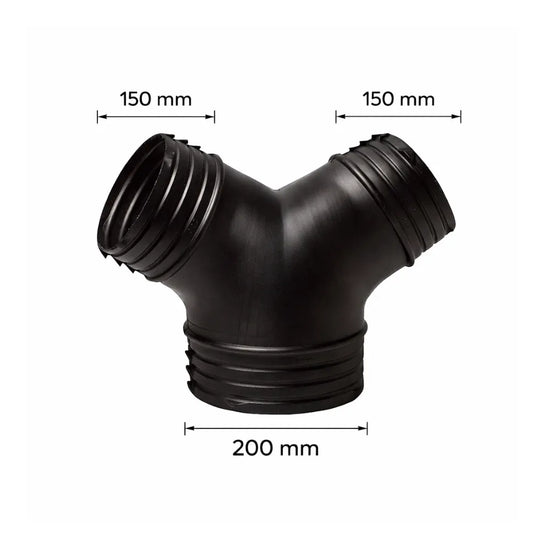 Black Y-piece ventilation duct connector for hydroponic grow room exhaust systems, ribbed ends for flexible ducting with 150 mm branches and 200 mm base outlet