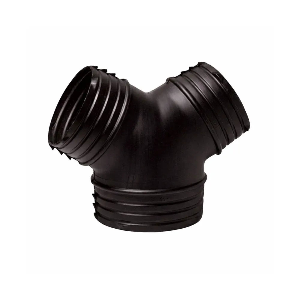 Black plastic Y duct splitter for hydroponic ventilation systems, ribbed connector fitting for inline fans and flexible grow tent ducting
