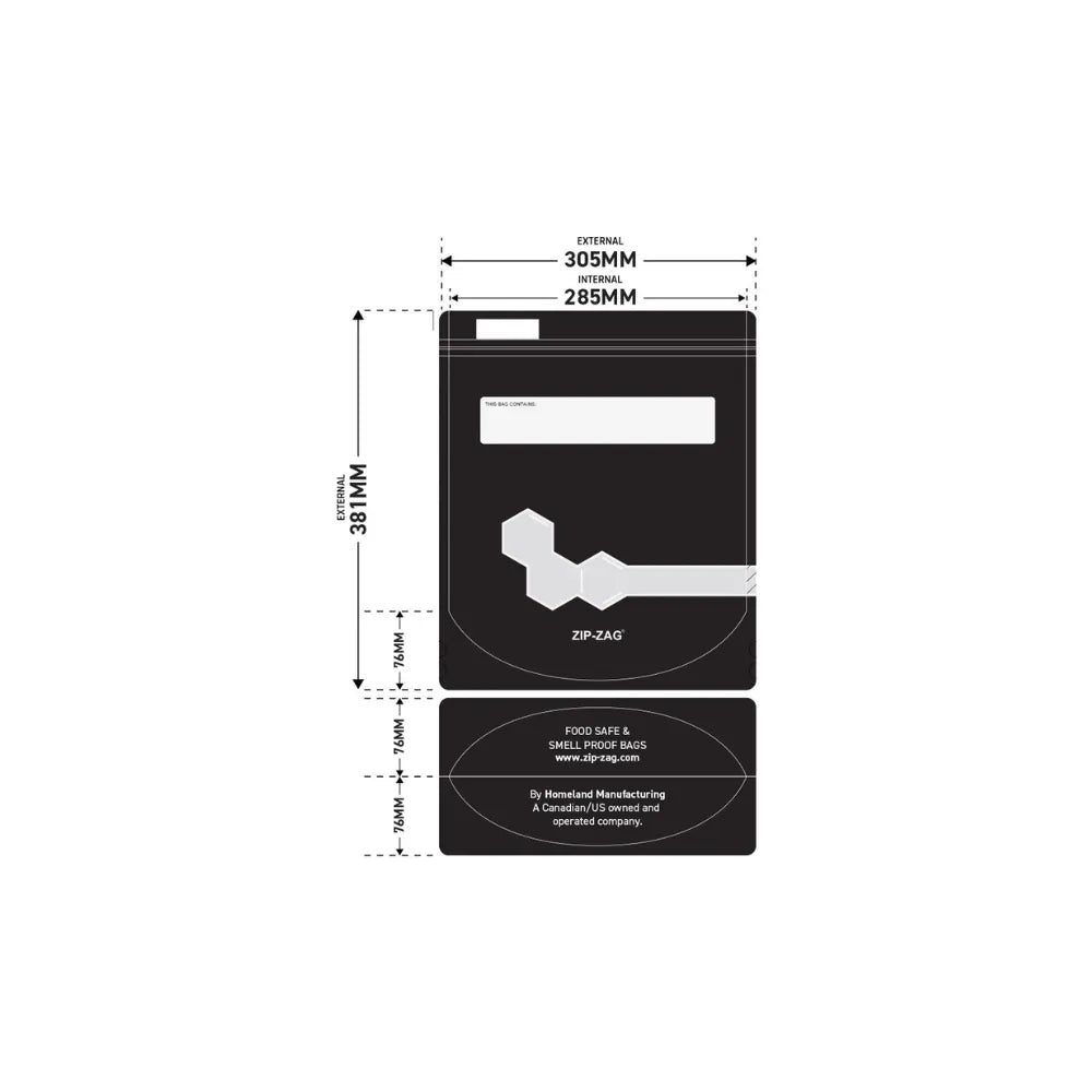 ZIP-ZAG 0.5lb 227g smell proof stand-up pouch size guide with 305mm width and 381mm height