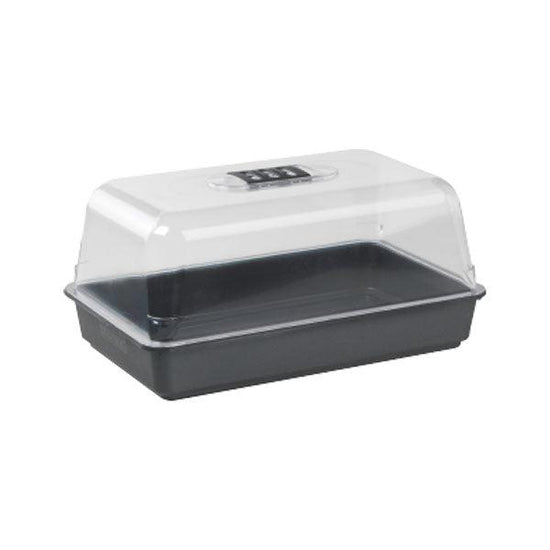 Seedling propagation tray with clear plastic humidity dome, black base and adjustable vent for indoor plant germination and cloning.