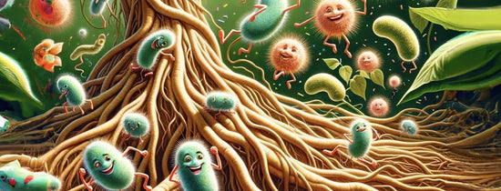 Illustration of beneficial microbes around plant roots, highlighting root health, nutrient uptake and microbial activity in hydroponic growing systems
