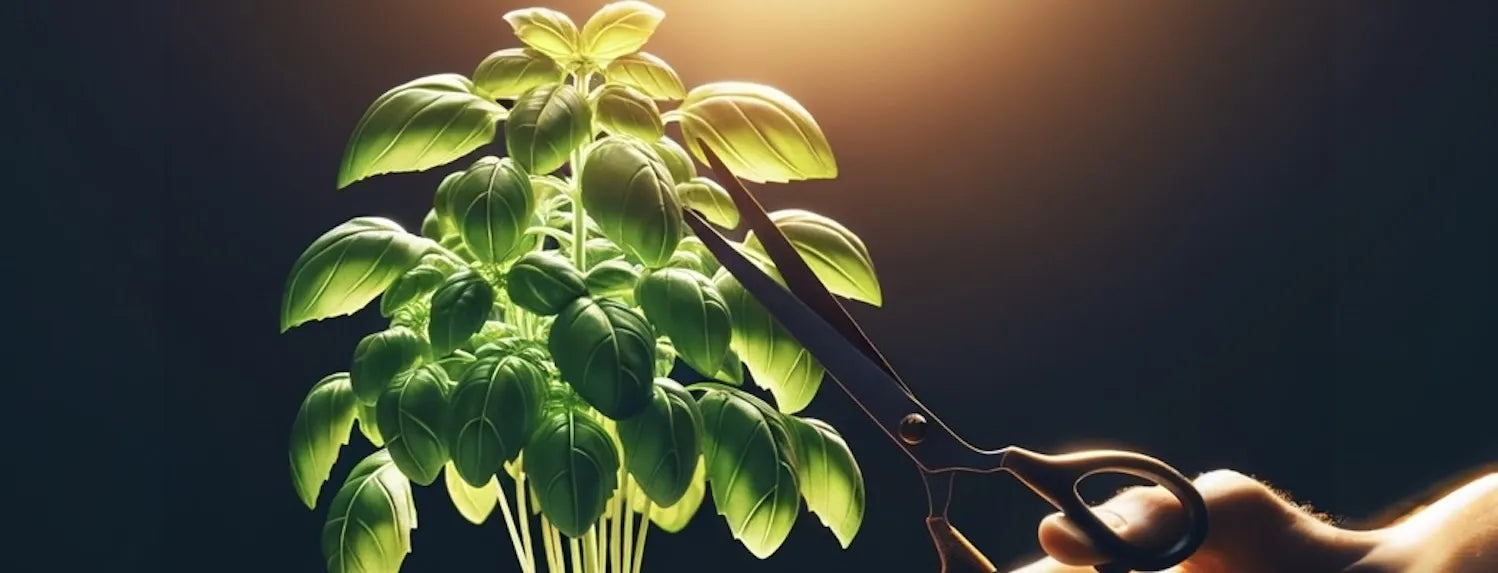 Close-up of pruning scissors topping a basil plant, demonstrating hydroponic plant training and pruning techniques for bushier growth and higher yields.