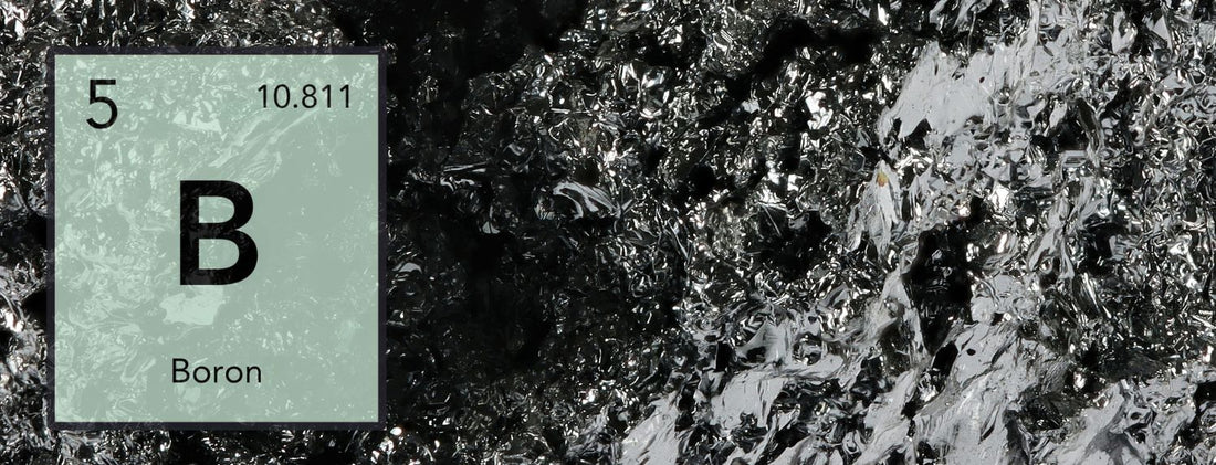 Boron periodic table tile over a dark mineral texture, hydroponic nutrient deficiency