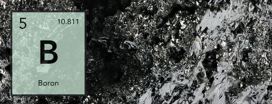 Boron periodic table tile over a dark mineral texture, hydroponic nutrient deficiency