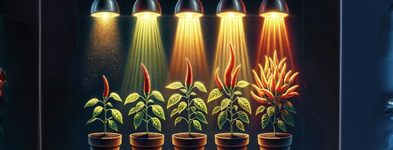 Chilli plants at five growth stages under grow lights, illustrating PPFD light needs