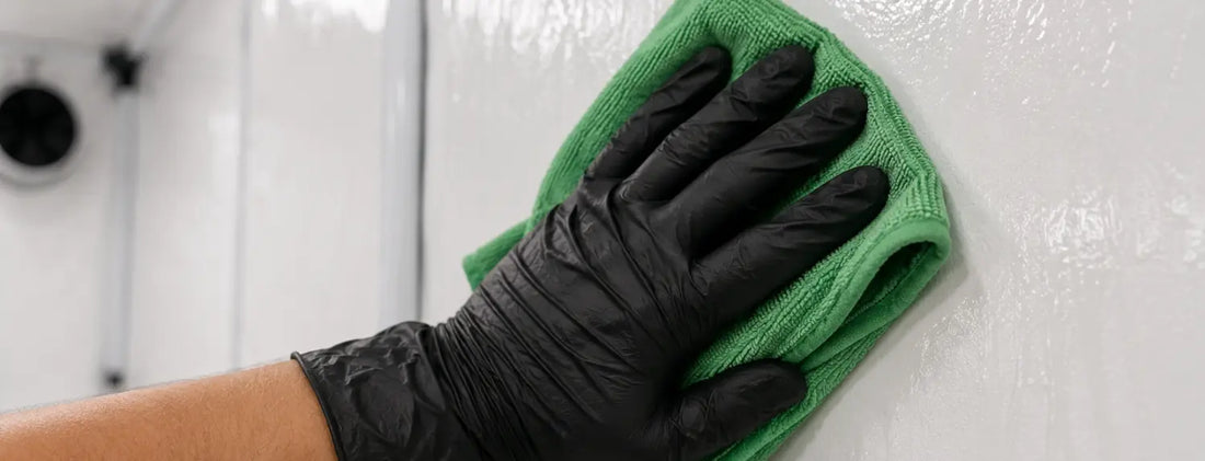 Gloved hand using isopropyl alcohol to sterilise grow room wall surface