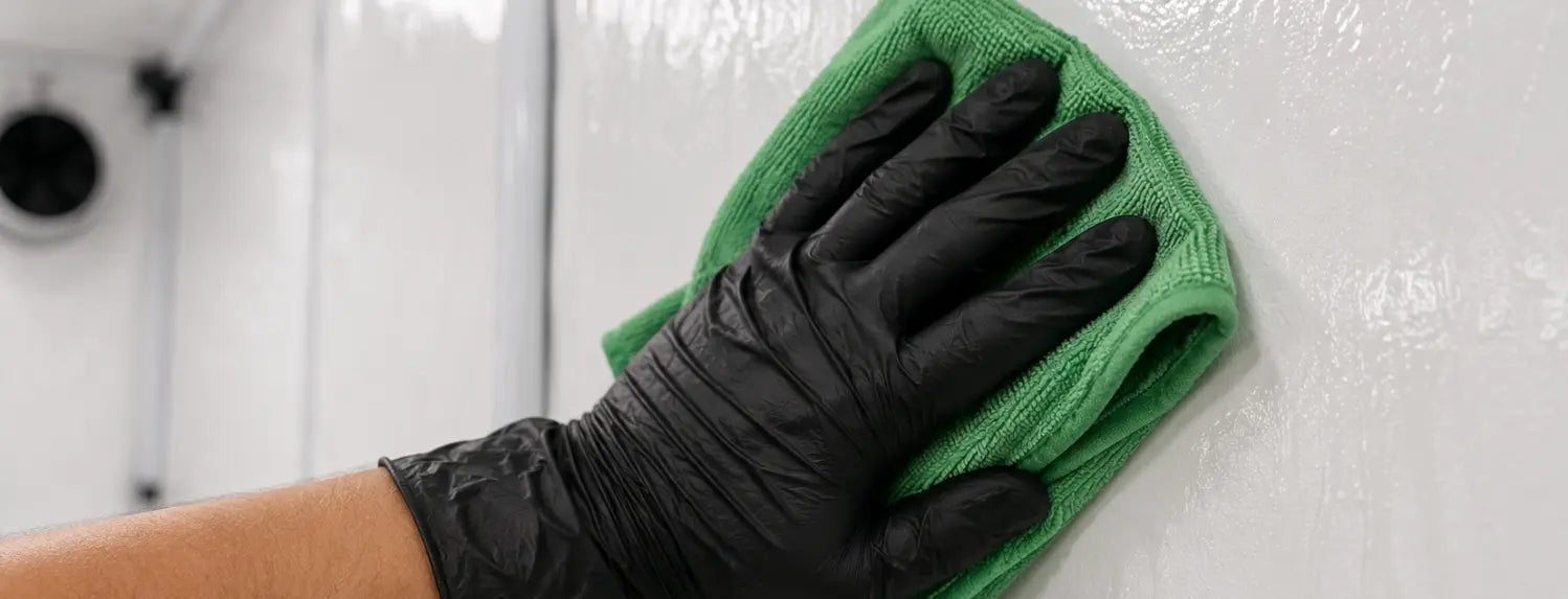 Gloved hand using isopropyl alcohol to sterilise grow room wall surface